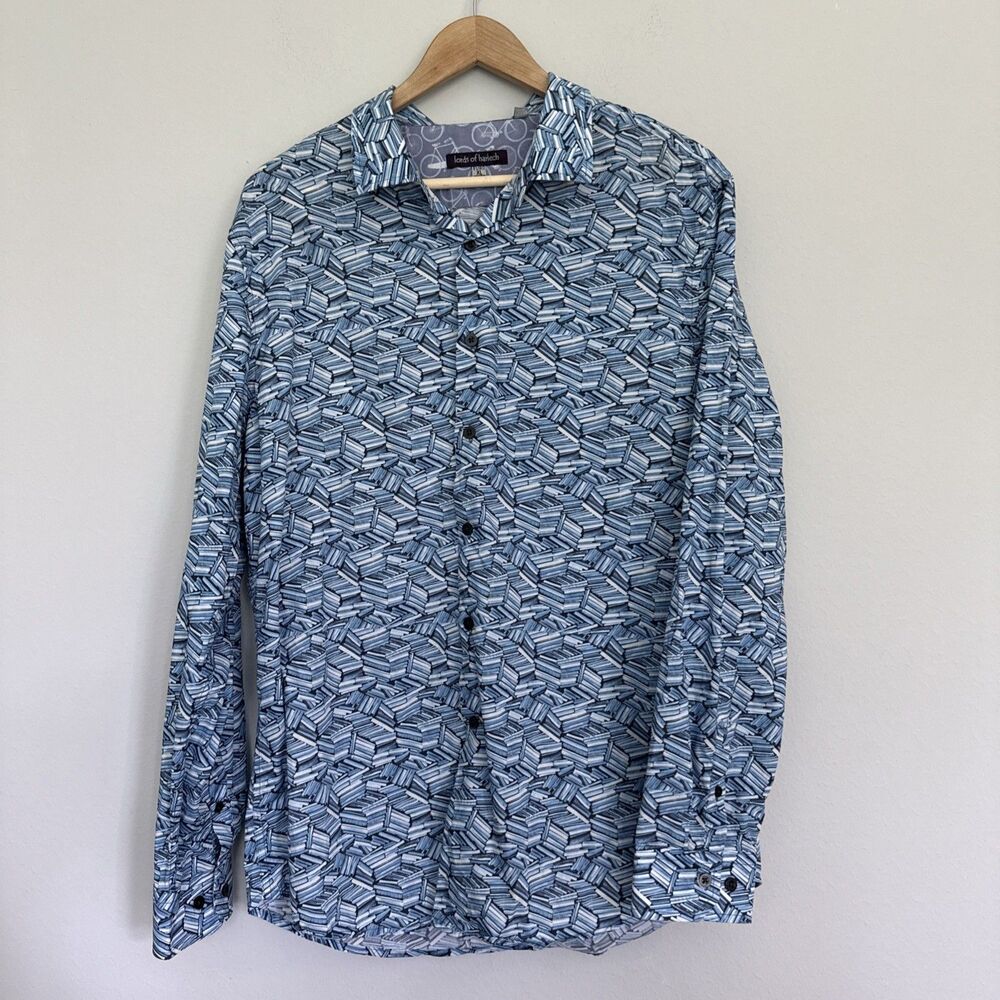 Lords of Harlech Men’s Blue Book Print Button Down Shirt US Size Large